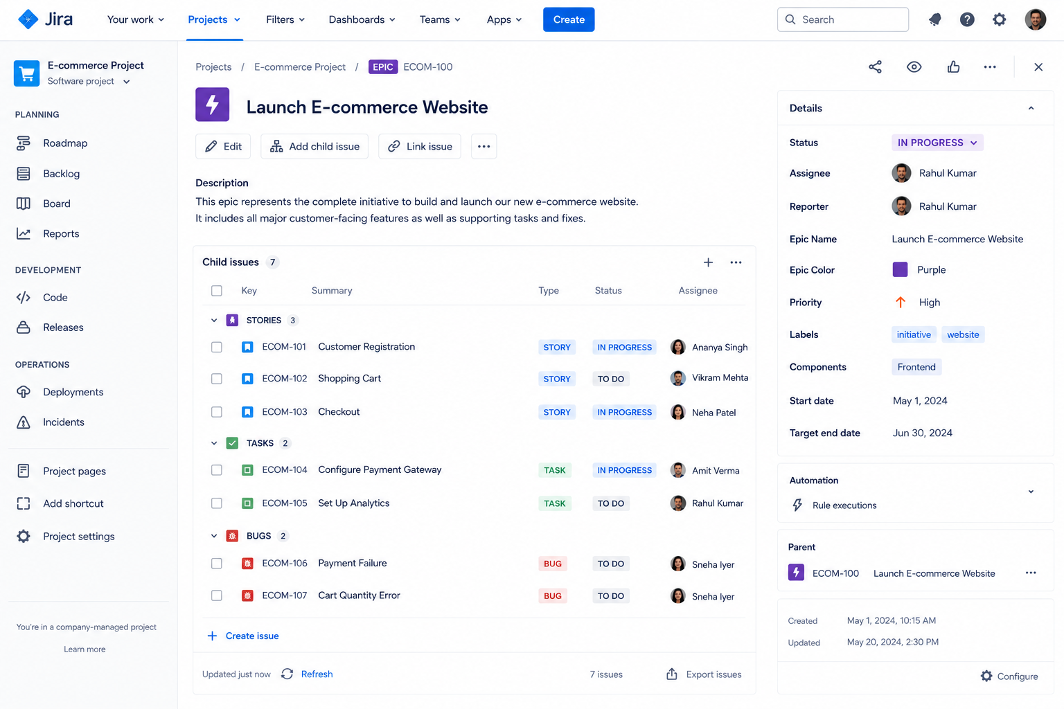 How Jira Epics, Jira Stories, Tasks, Bugs & Sub-tasks Work Together