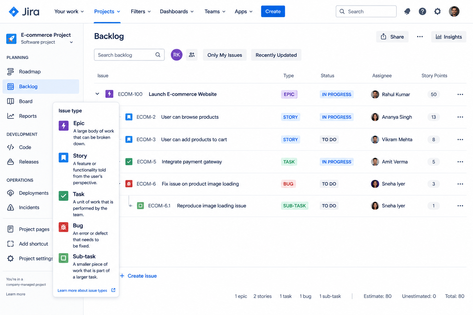 Jira Epic vs Story vs Task vs Bug vs Sub-task